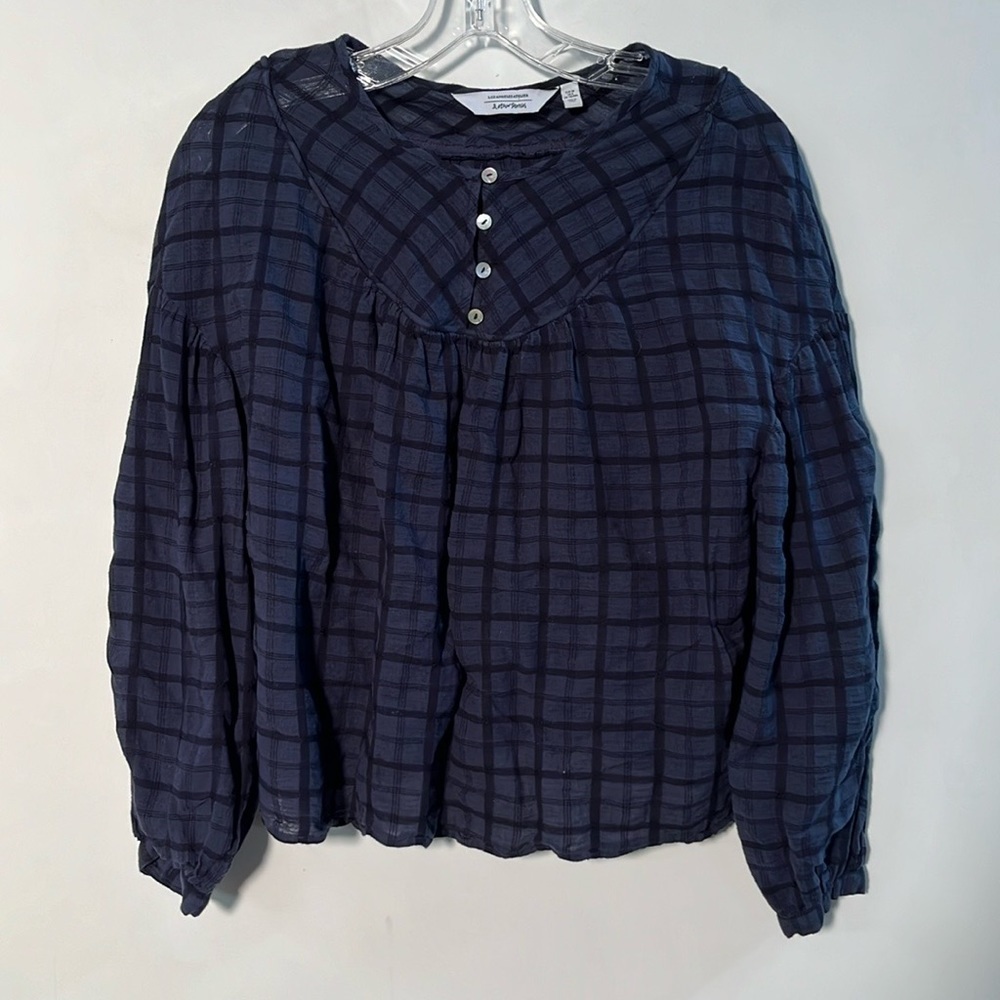 & Other Stories Peasant Casual Office 1/4 Button Navy Plaid Pullover Top SZ 6